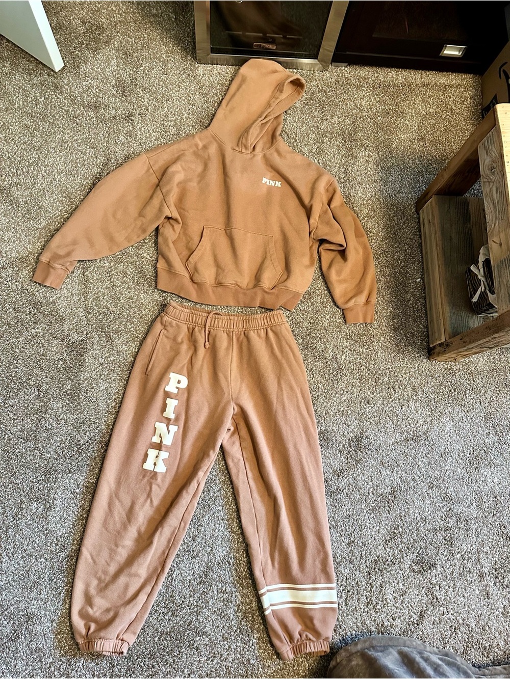 PINK Victoria's Secret Tan Cropped Hoodie & Logo Sweatpants Set